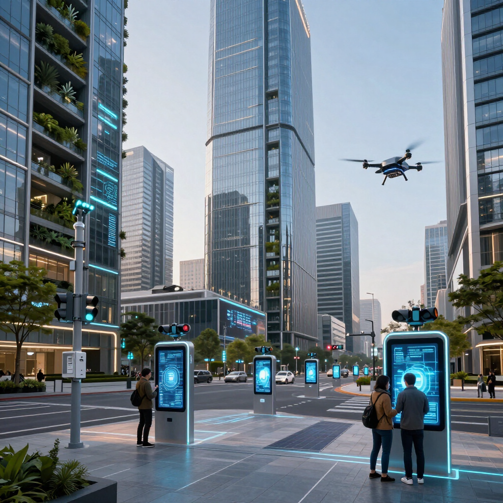 Aerial night view of smart city with illuminated grid roads and blue-lit infrastructure