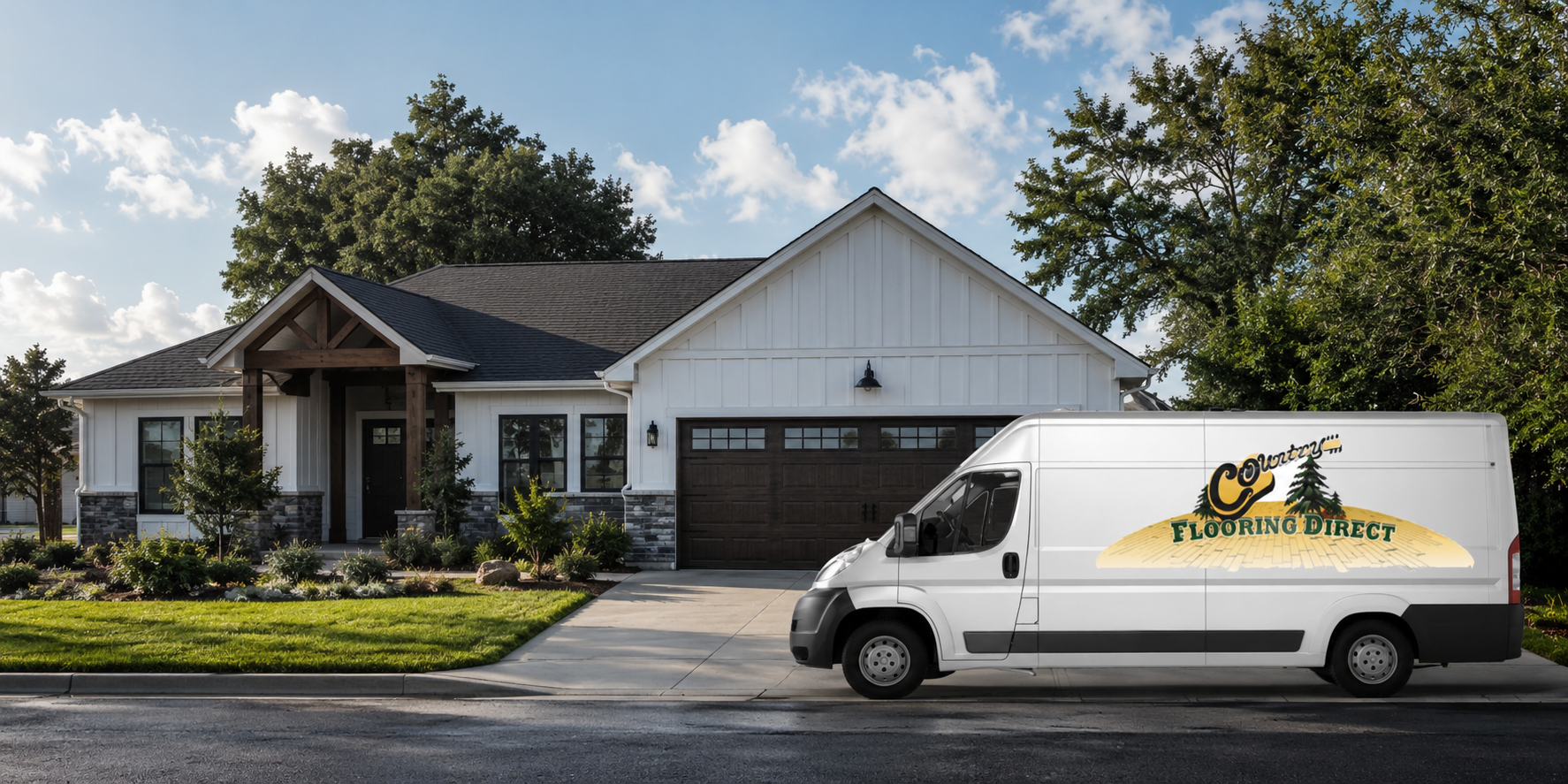 White service van parked in front of a suburban house with a garage and lawn