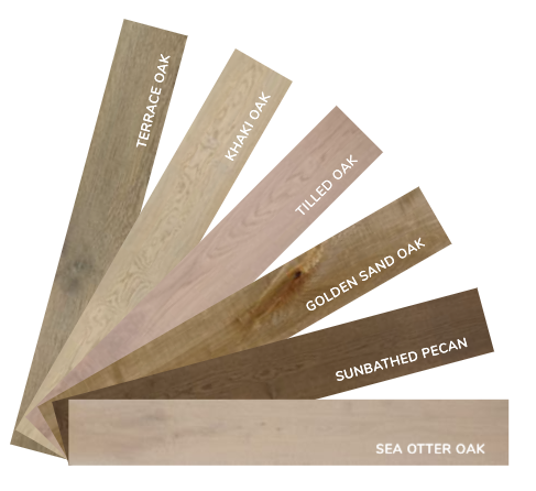 Wood flooring sample fan showing six oak and pecan stain swatches in varying warm neutrals