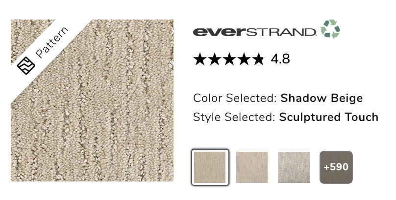 Everstrand carpet swatch in shadow beige, sculpted touch style, 4.8-star rating