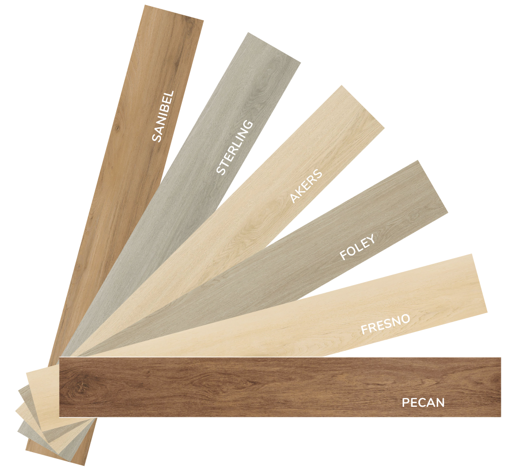 Fan of wood stain sample strips labeled Walnut, Sugar, Acorn, Golden, Firerno, and Pecan.