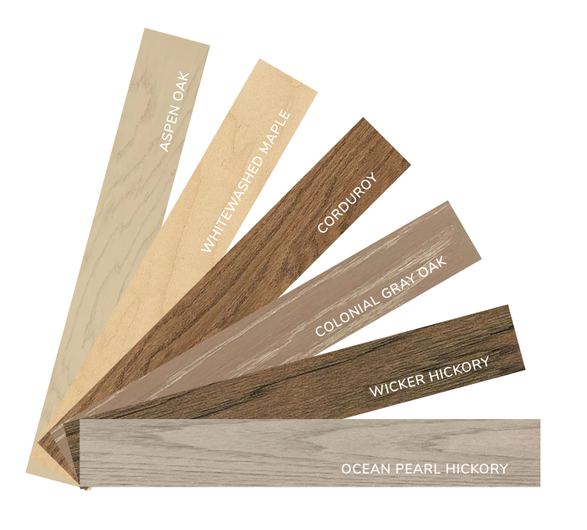 Wood flooring sample fan in beige and brown tones with labeled finish options.