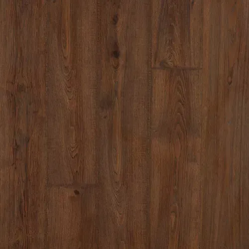 Close-up of brown wood grain flooring with vertical plank lines and knots