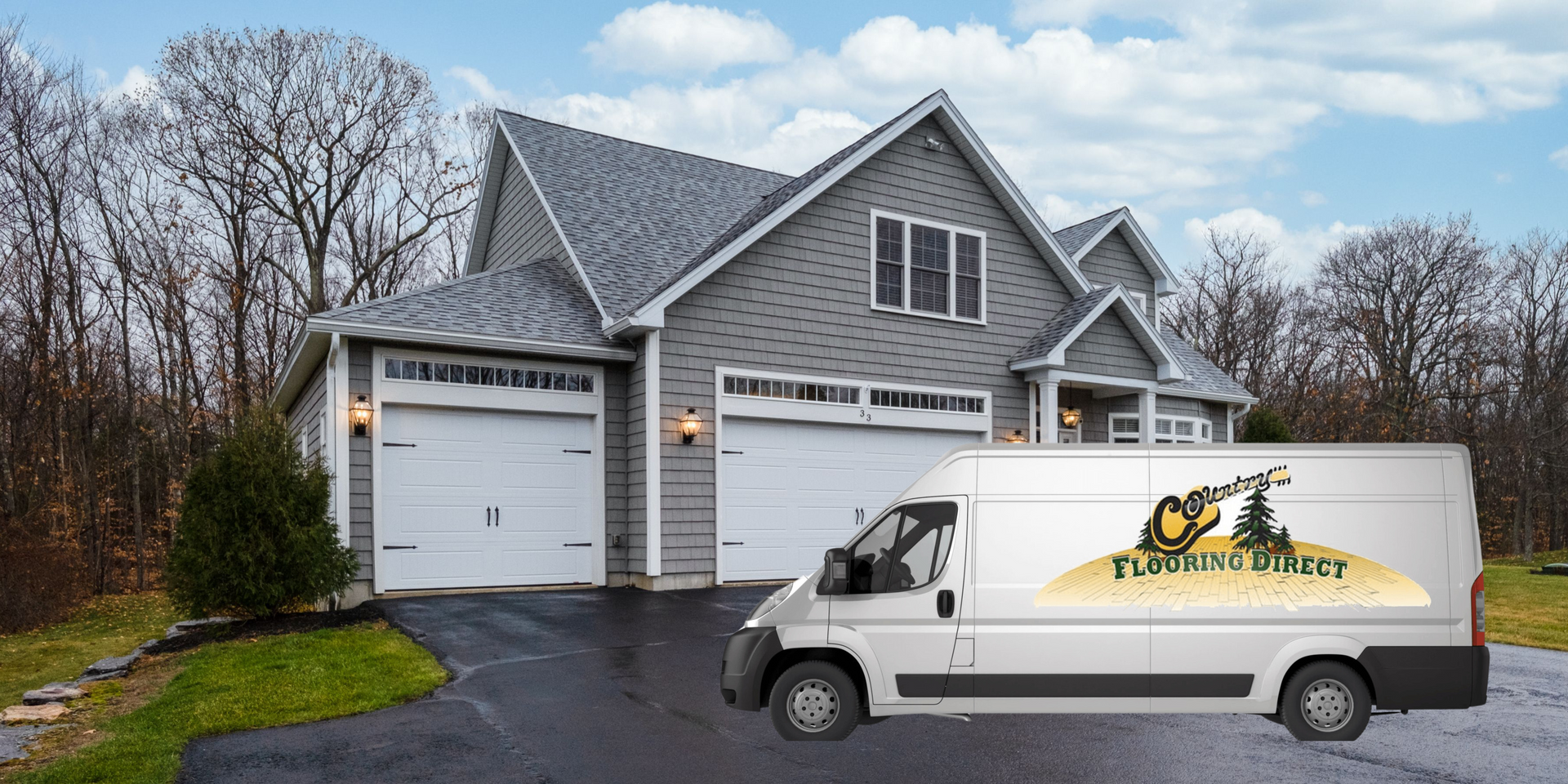 A white van with a logo parked in front of a gray house.