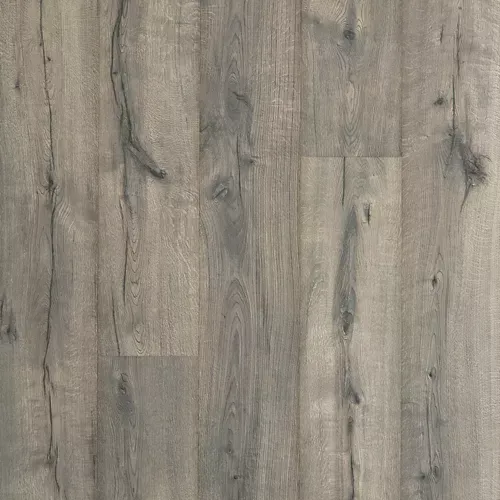 Gray weathered wood plank flooring with knot details