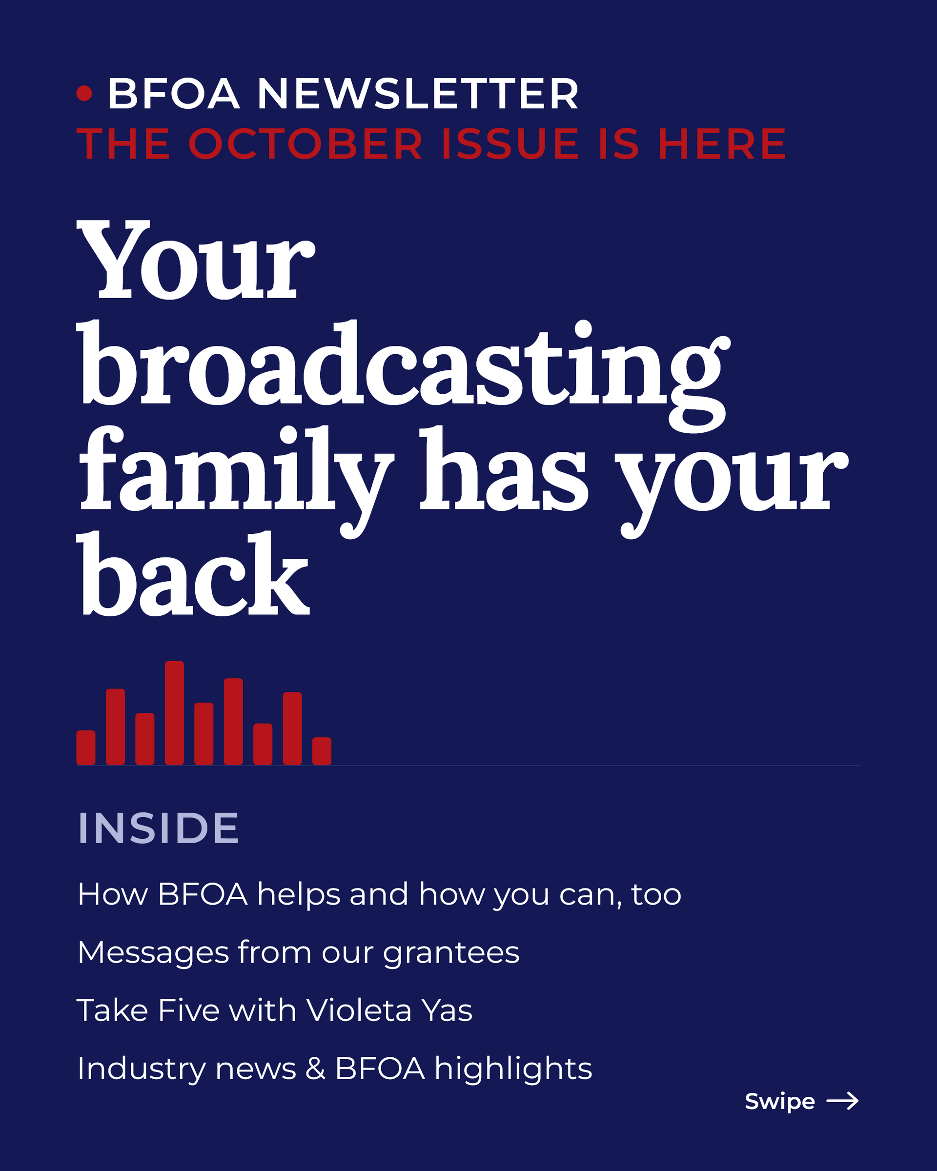 BFOA newsletter cover in dark blue and red: “Your broadcasting family has your back.”