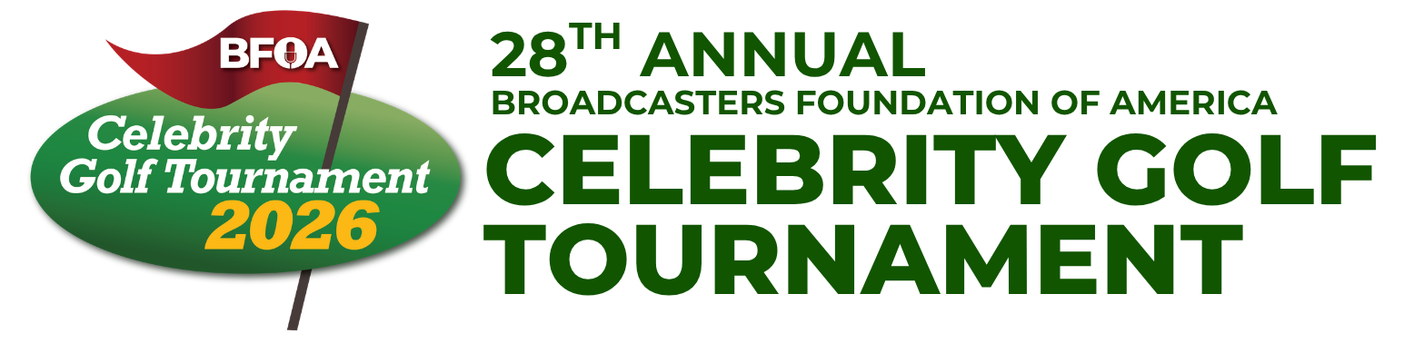 BFOA 28th Annual Celebrity Golf Tournament logo in green and red, with golf ball and pin flag icons
