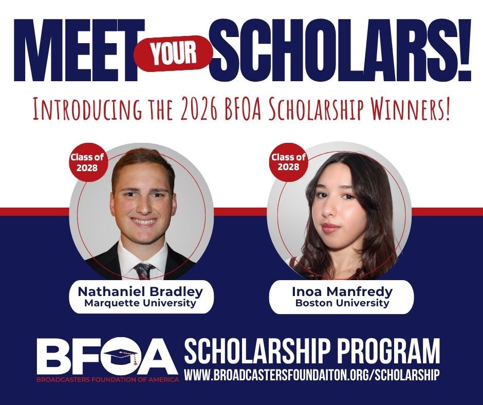 BFOA scholarship winners poster featuring two headshots and “Meet Your Scholars!” text on blue and white background