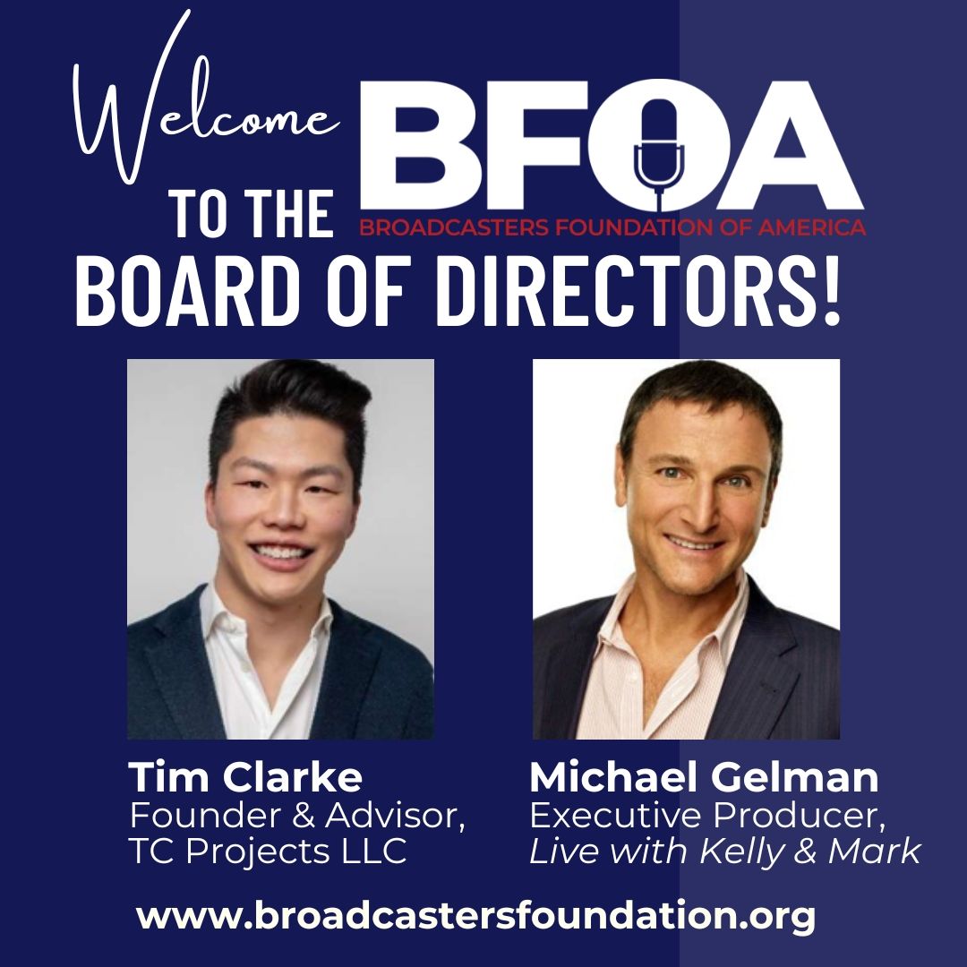 BFOA board of directors announcement poster with two headshots and names on a blue background