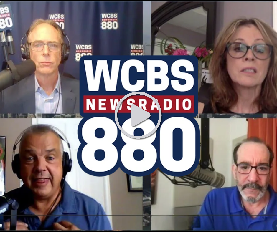 WCBS Newsradio 880 logo centered, surrounded by four radio hosts on webcam panels