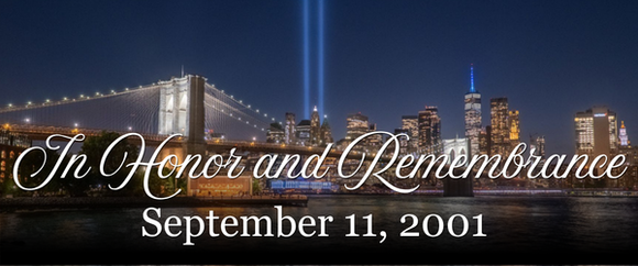Brooklyn Bridge and Manhattan skyline at night with text “In Honor and Remembrance” and “September 11, 2001”