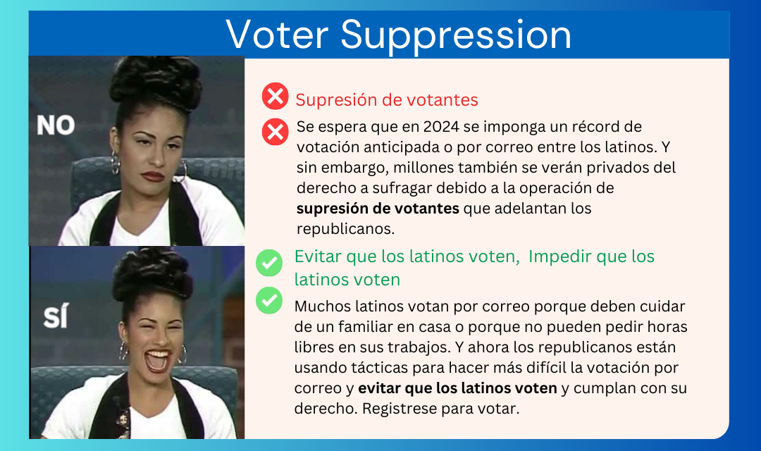 A picture of a woman with the words voter suppression on it