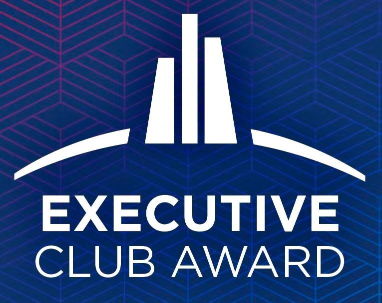 Executive Club Award logo on a blue geometric background with white stylized tower and arch