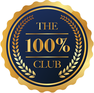 Gold seal logo with navy center reading “THE 100% CLUB” in gold text.