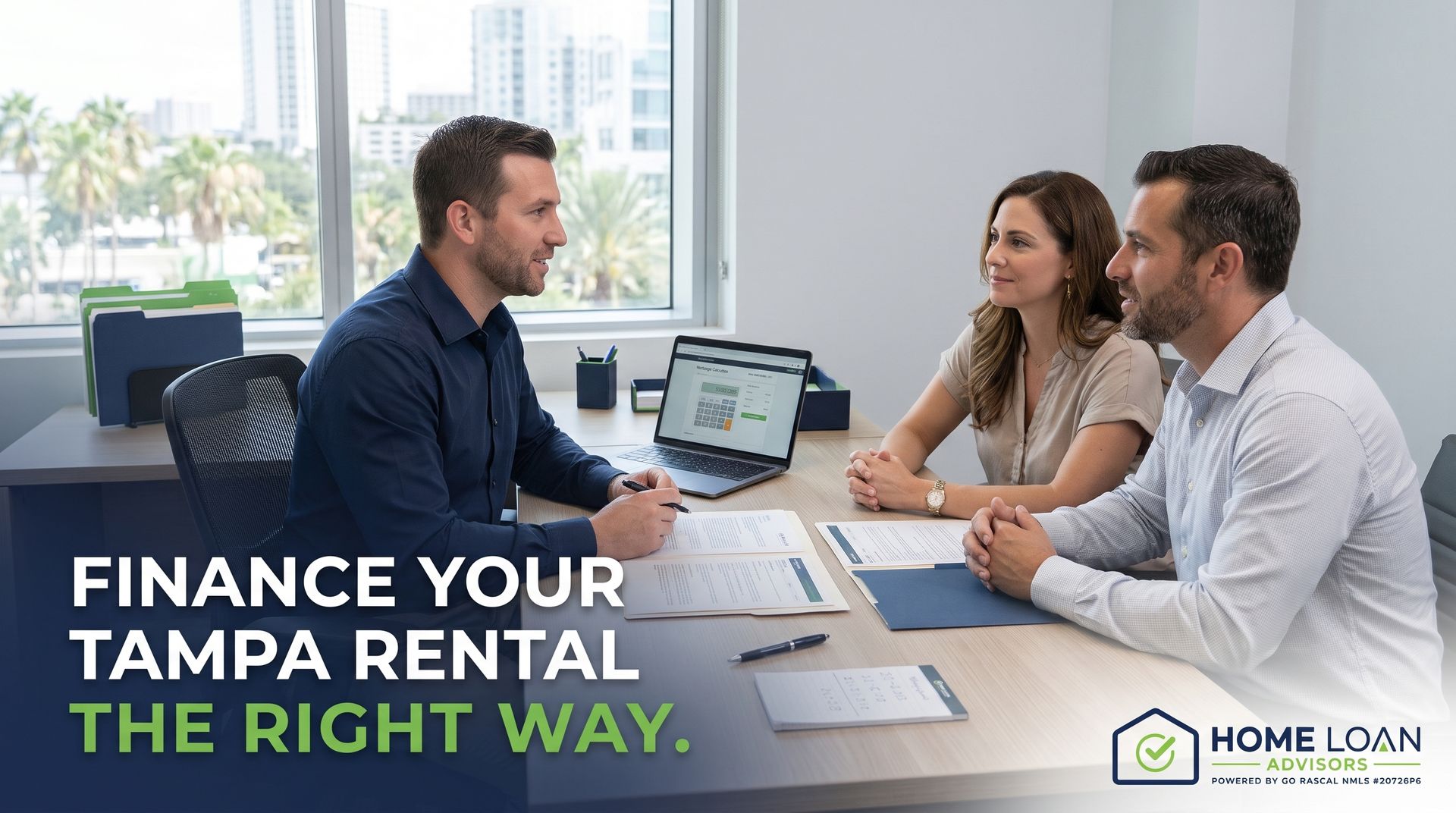 Tampa mortgage advisor reviewing investment property and rental loan options with a couple at a mode