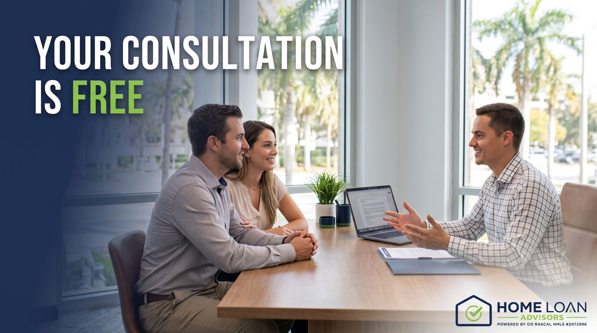 Tampa mortgage advisor explaining free consultation and loan estimate fees to a couple in a modern F