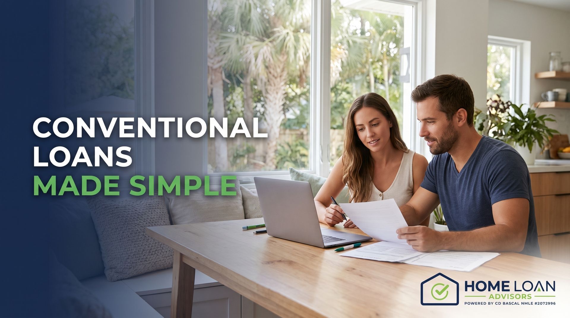 A couple reviews conventional mortgage documents at a home table in Tampa, FL, with natural light and a relaxed, confident atmosphere.