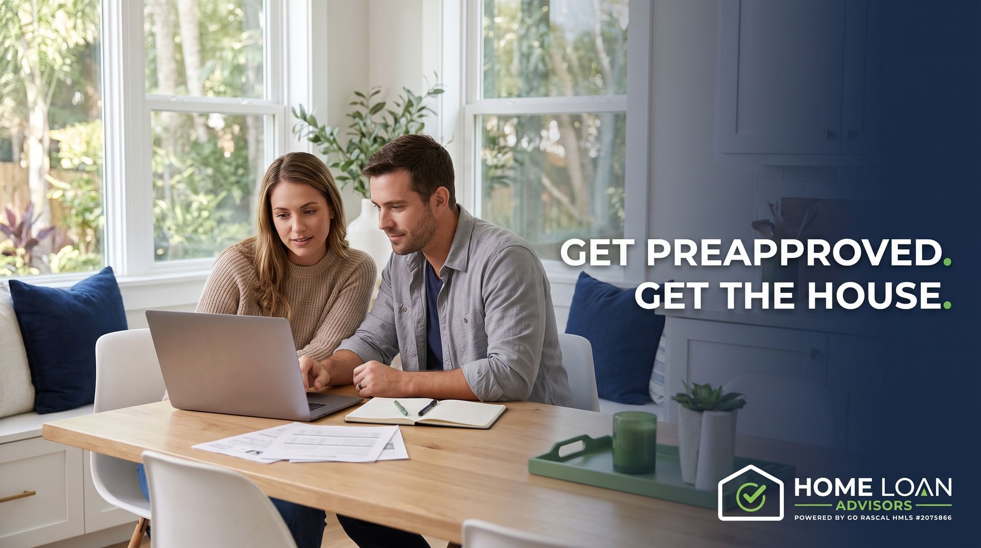 Tampa couple reviewing mortgage preapproval documents on a laptop at home, preparing to buy a house