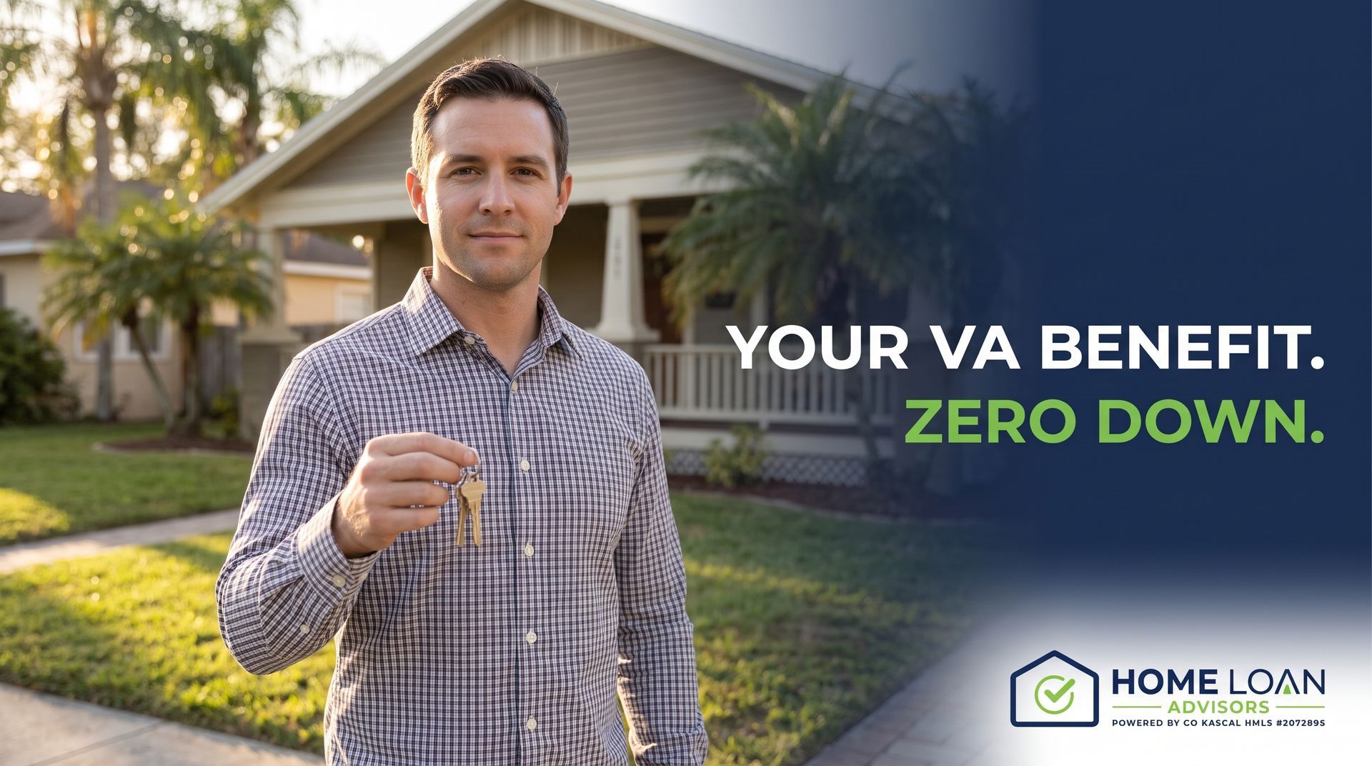 Tampa veteran holding house keys outside a Florida home, illustrating VA loan Tampa Florida zero-dow