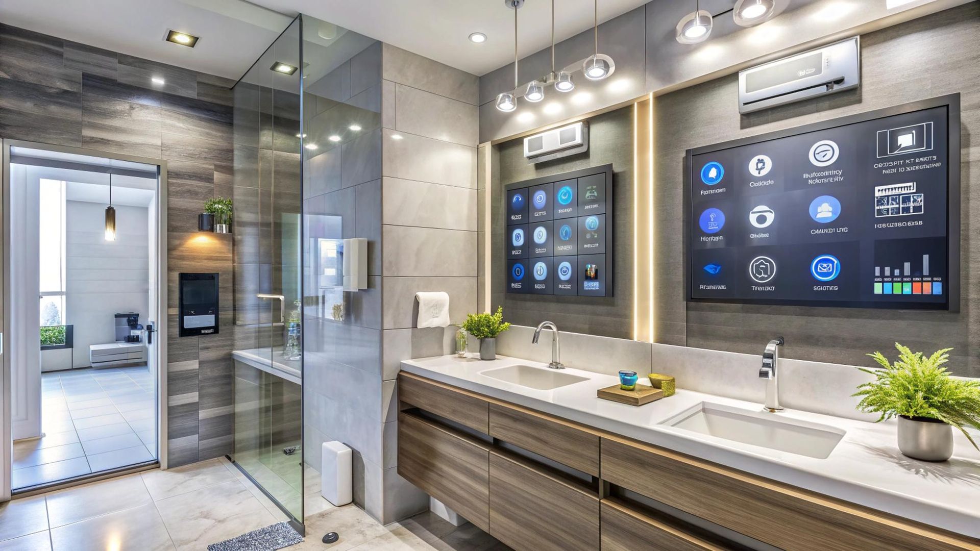Modern bathroom with shower, dual sinks, large screens with app icons, and wooden cabinetry.