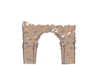 Sketch of a brown stone archway with rough edges and gray blocks, isolated on white background