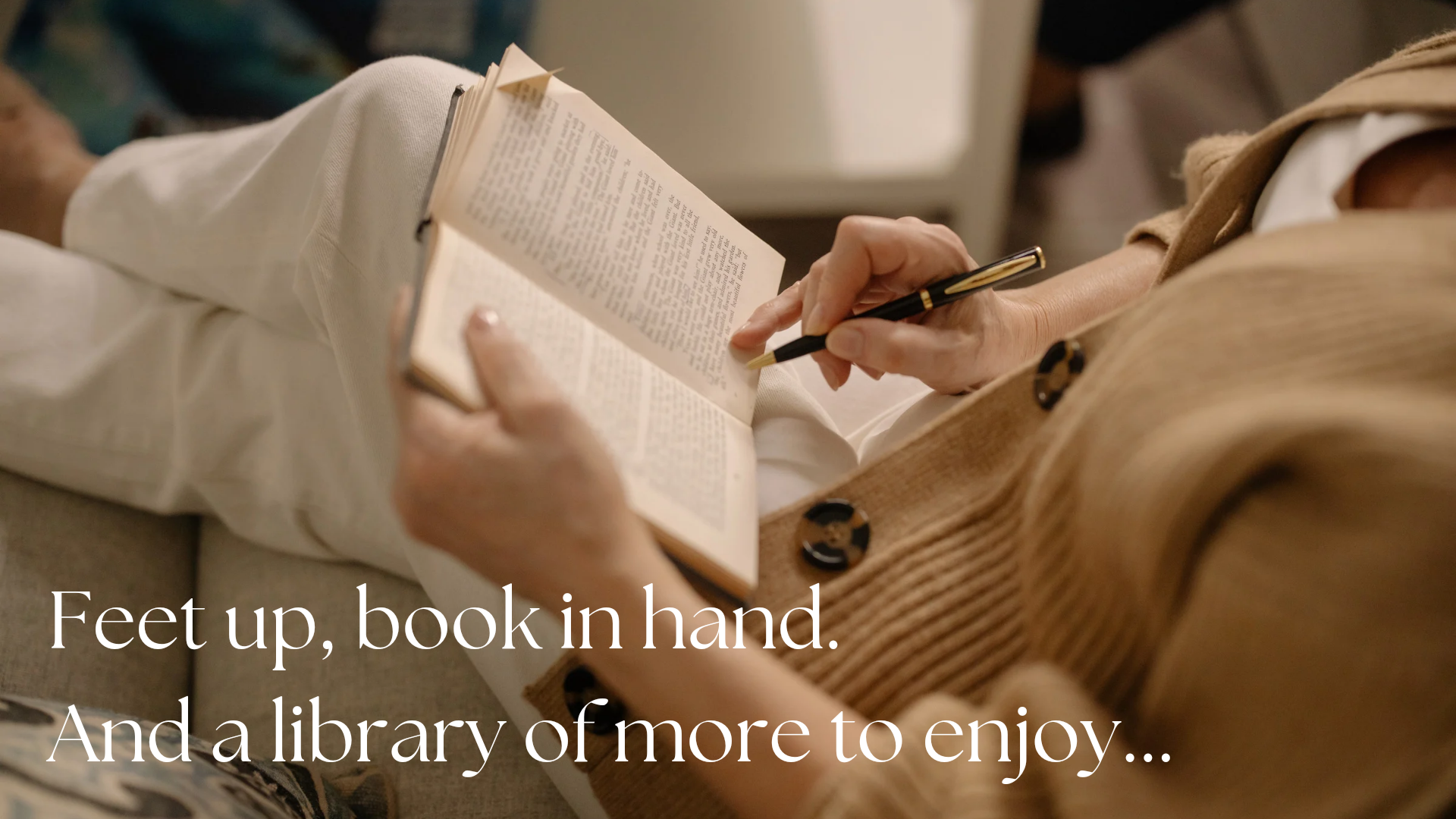 Person reading a book in a warm library, with the caption “Fed up, book in hand. And a library of more to enjoy...”