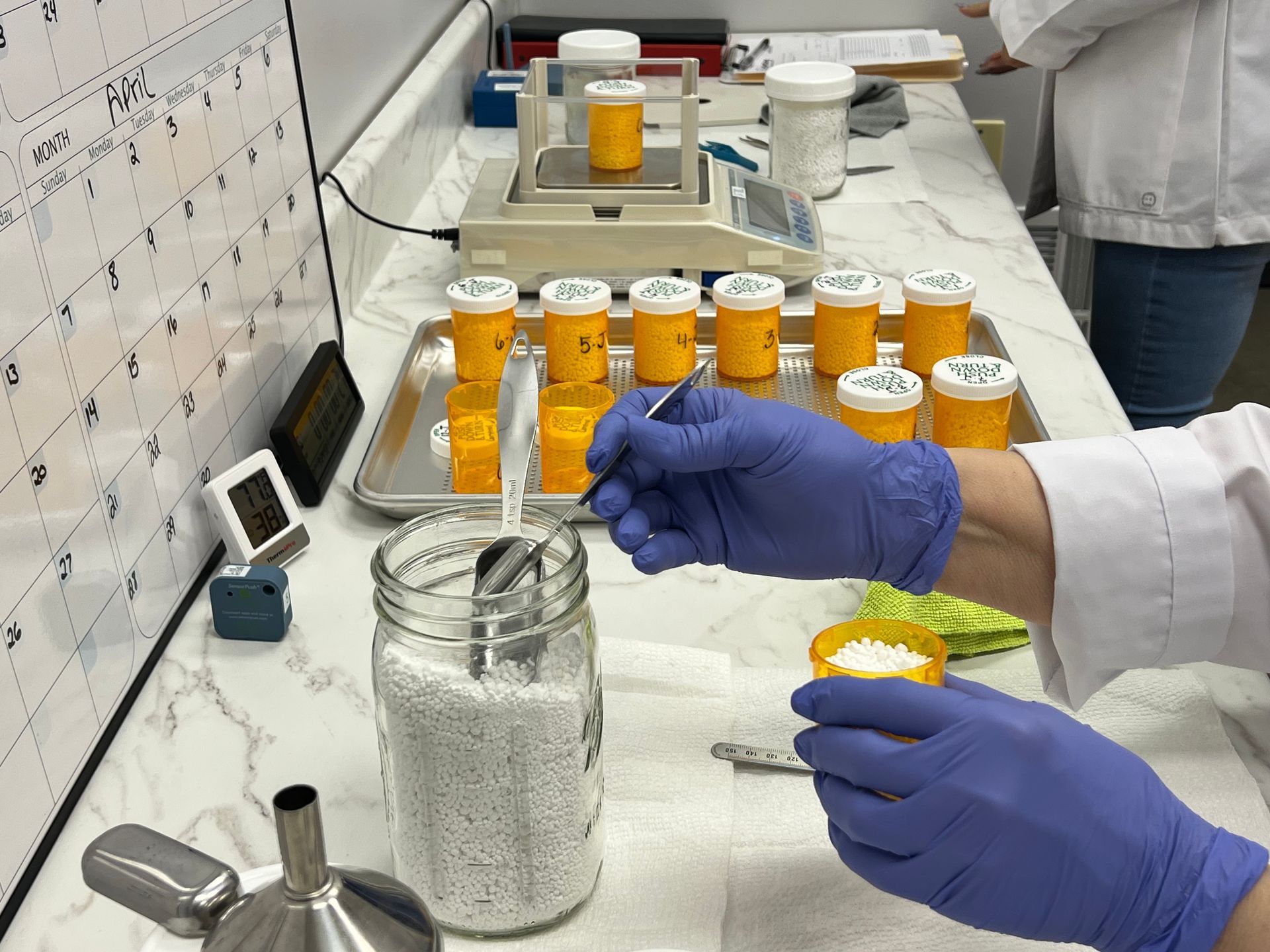 Lab technician's hands in purple gloves scooped glass beads into control samples. 