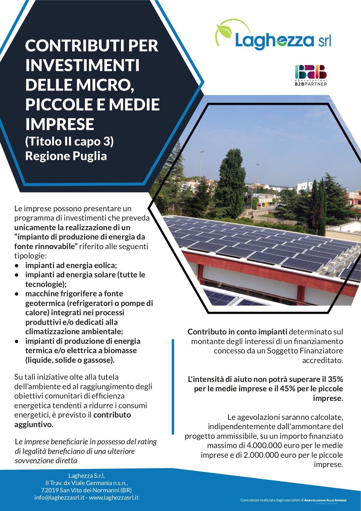 Volantino pubblicitario per contributi a favore di micro, piccole e medie imprese della Puglia.