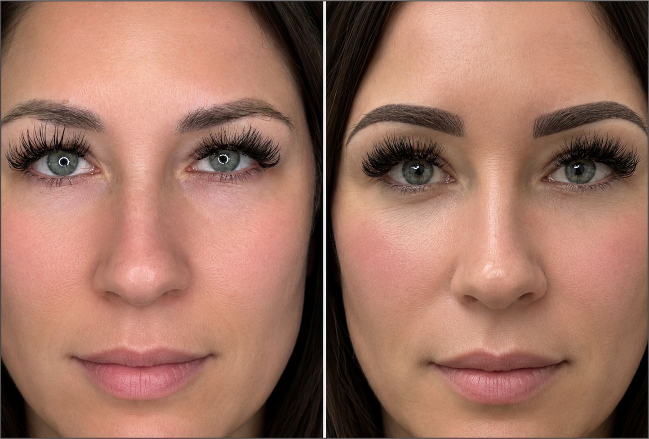 Side-by-side close-up face comparison with natural makeup on the left and bolder makeup on the right