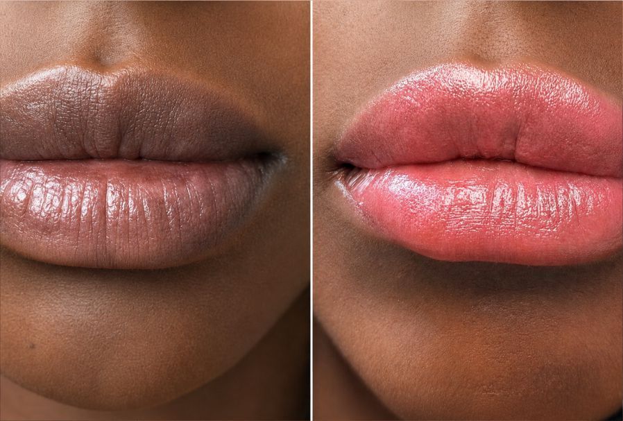 Close-up of two lips, one natural brown and one glossy pink, shown side by side.