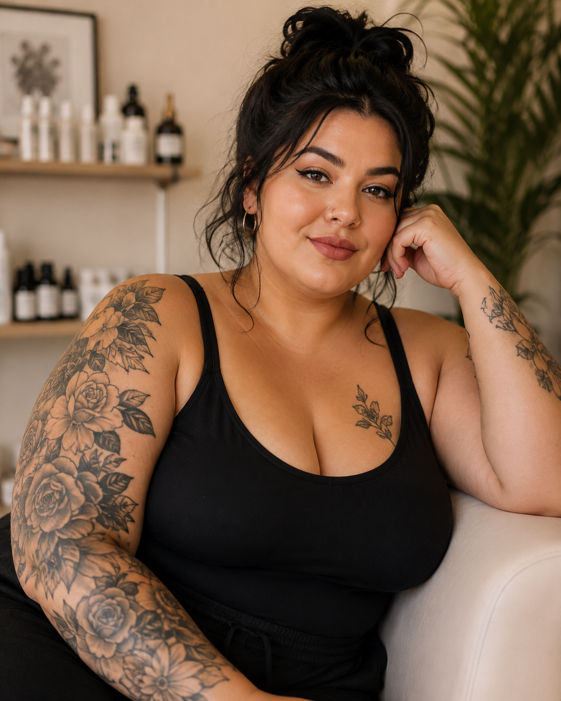 Woman seated on a beige chair in a black tank top, smiling with tattooed arms in a cozy room.
