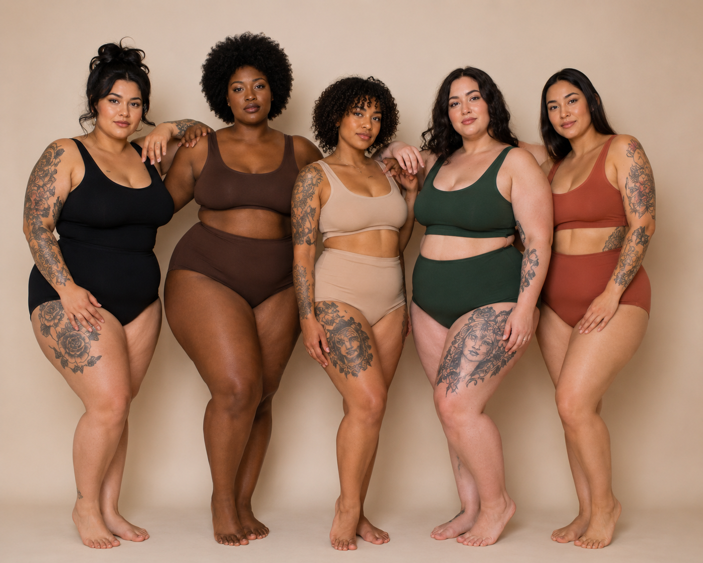 Five models pose in neutral-toned lingerie against a beige studio backdrop.