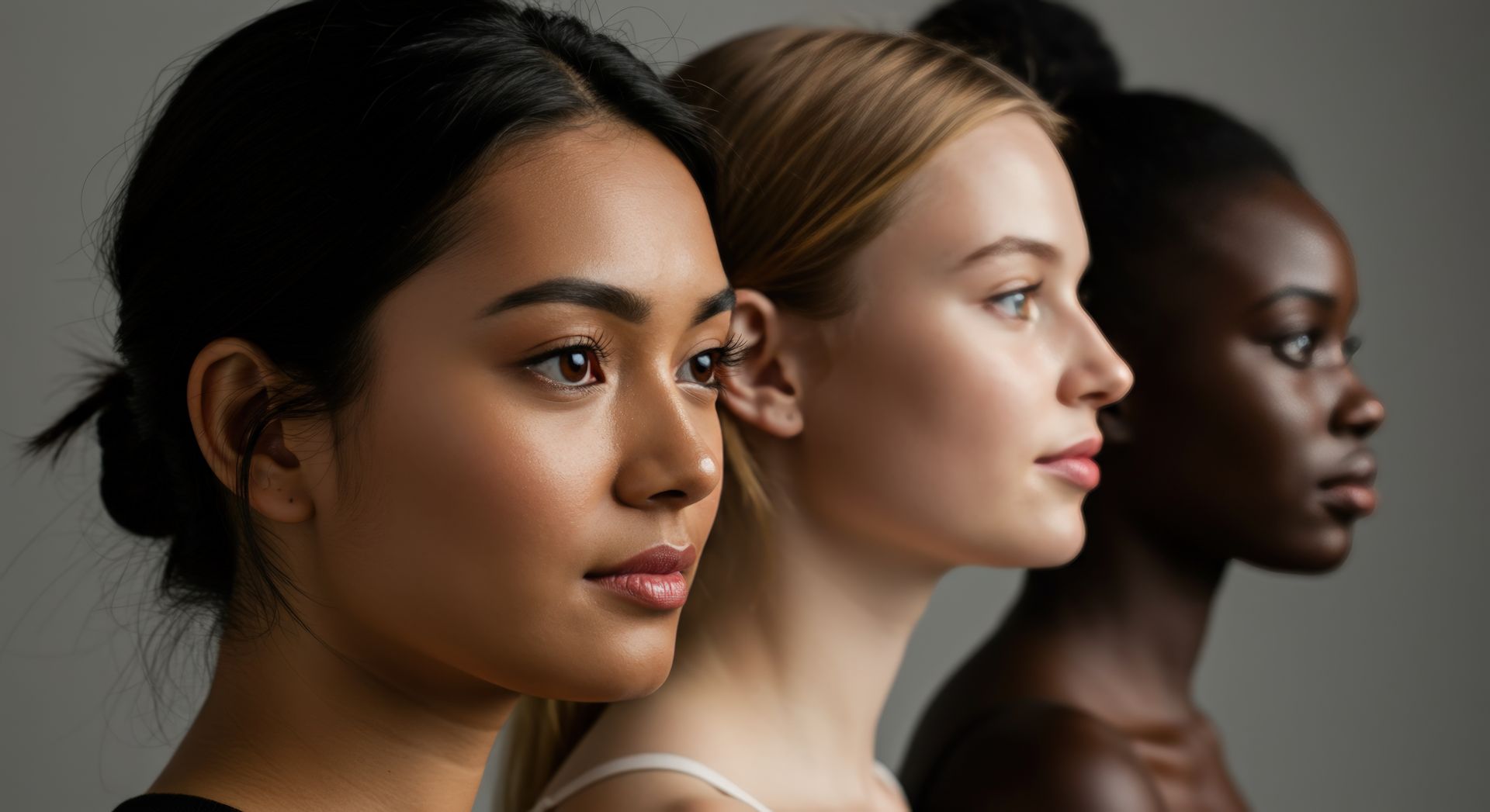 Three side-profile portraits against a gray background, showing varied skin tones and soft studio lighting.