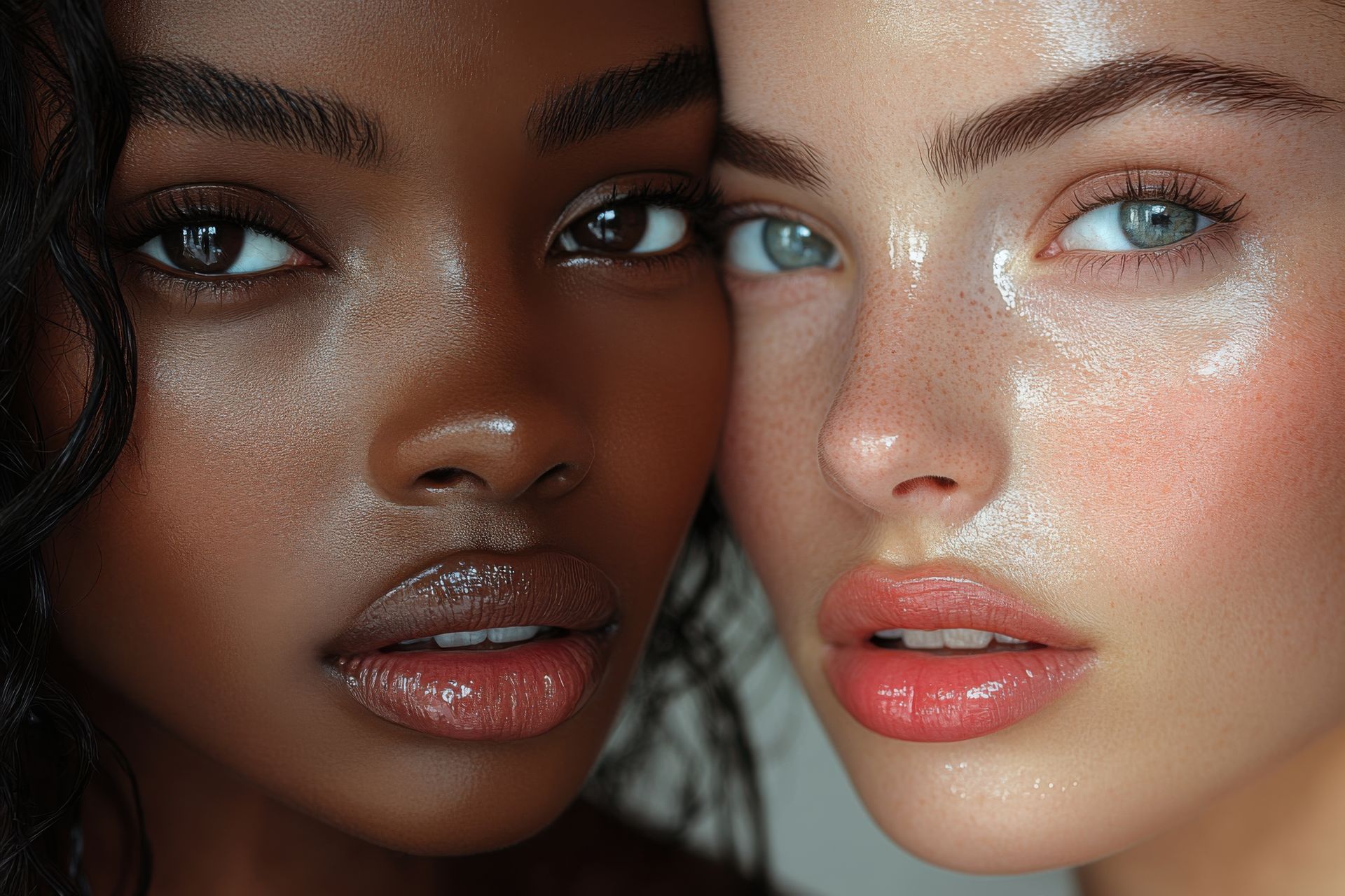 Two close-up faces with glossy skin, one dark-skinned and one light-skinned, looking toward the camera.