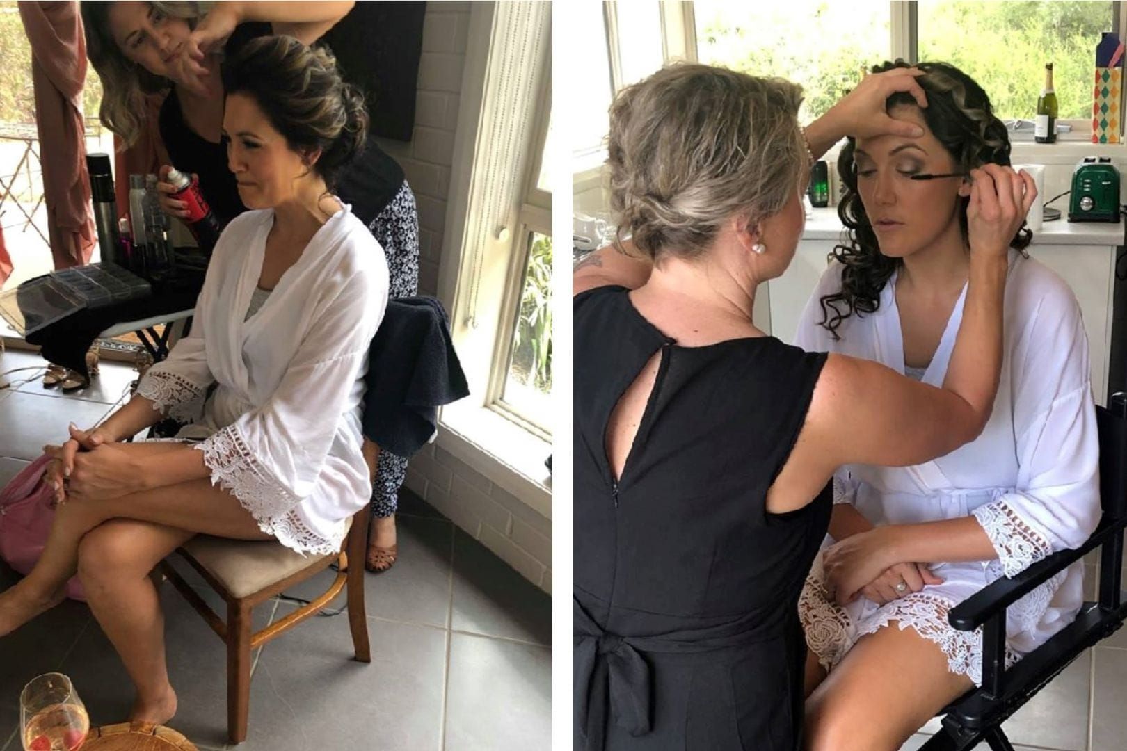 A Woman in a White Robe is Getting Her Hair Done by a Woman in a Black Dress — Lakeview Luxury Retreat in Canobolas, NSW