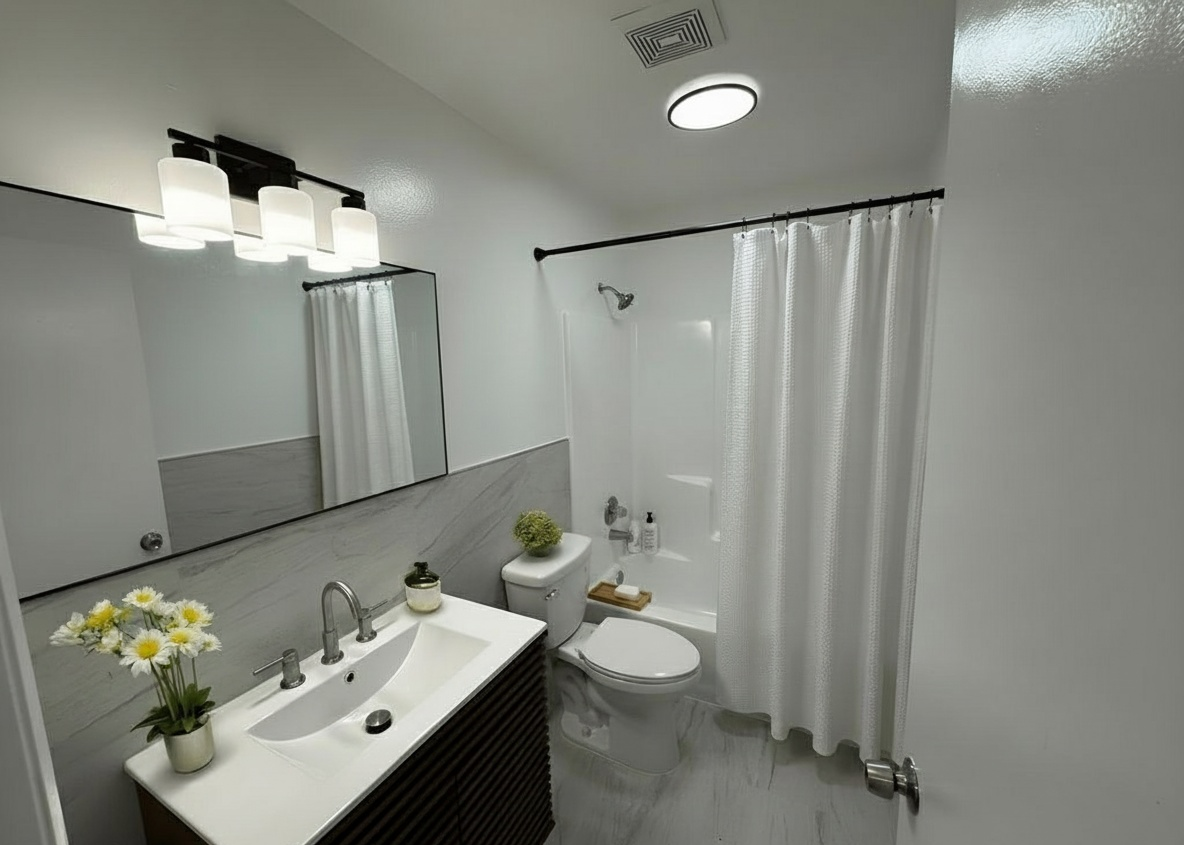 Bright, modern bathroom with white walls, black accents, and a white shower curtain. Features a toilet and vanity.