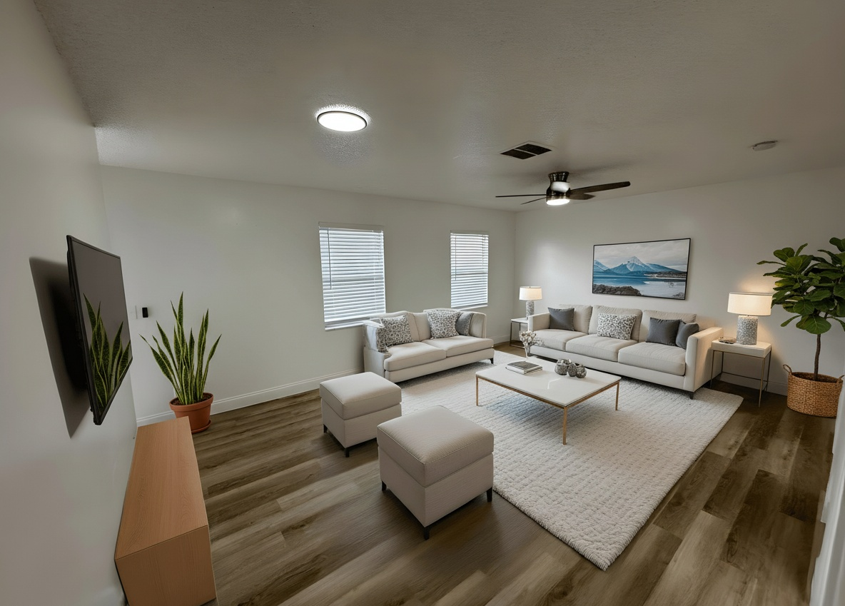 Living room with white walls, light furniture, and a rug.  TV on the wall, and a plant is visible.