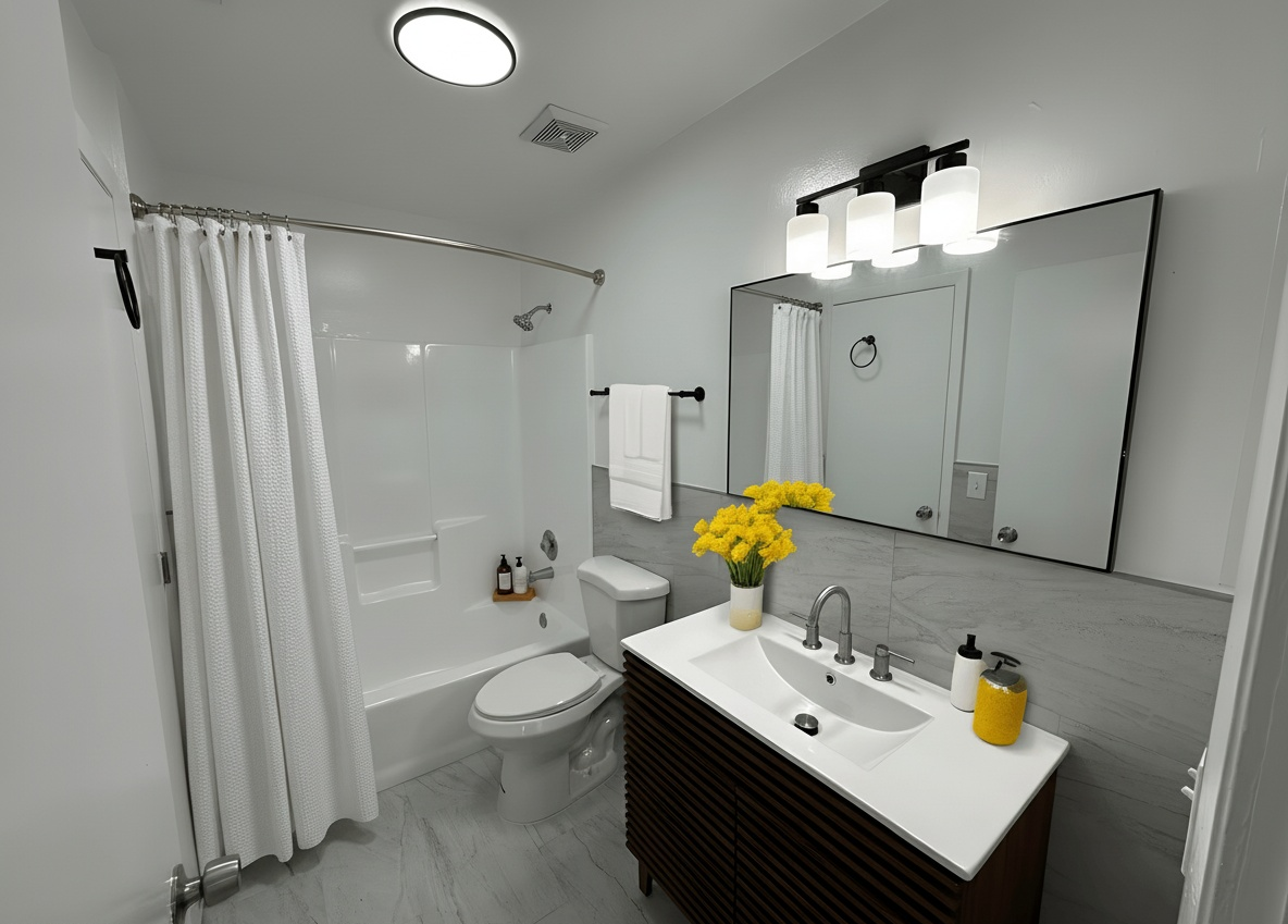 Bathroom with a white bathtub, vanity, and mirror, and a yellow flower bouquet.