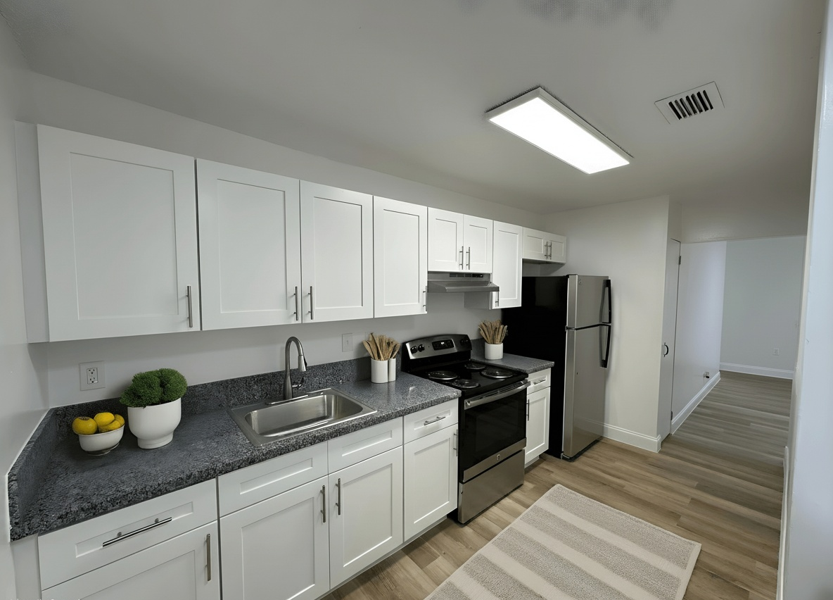 White kitchen with gray countertops, stainless steel appliances, and wood-look flooring.