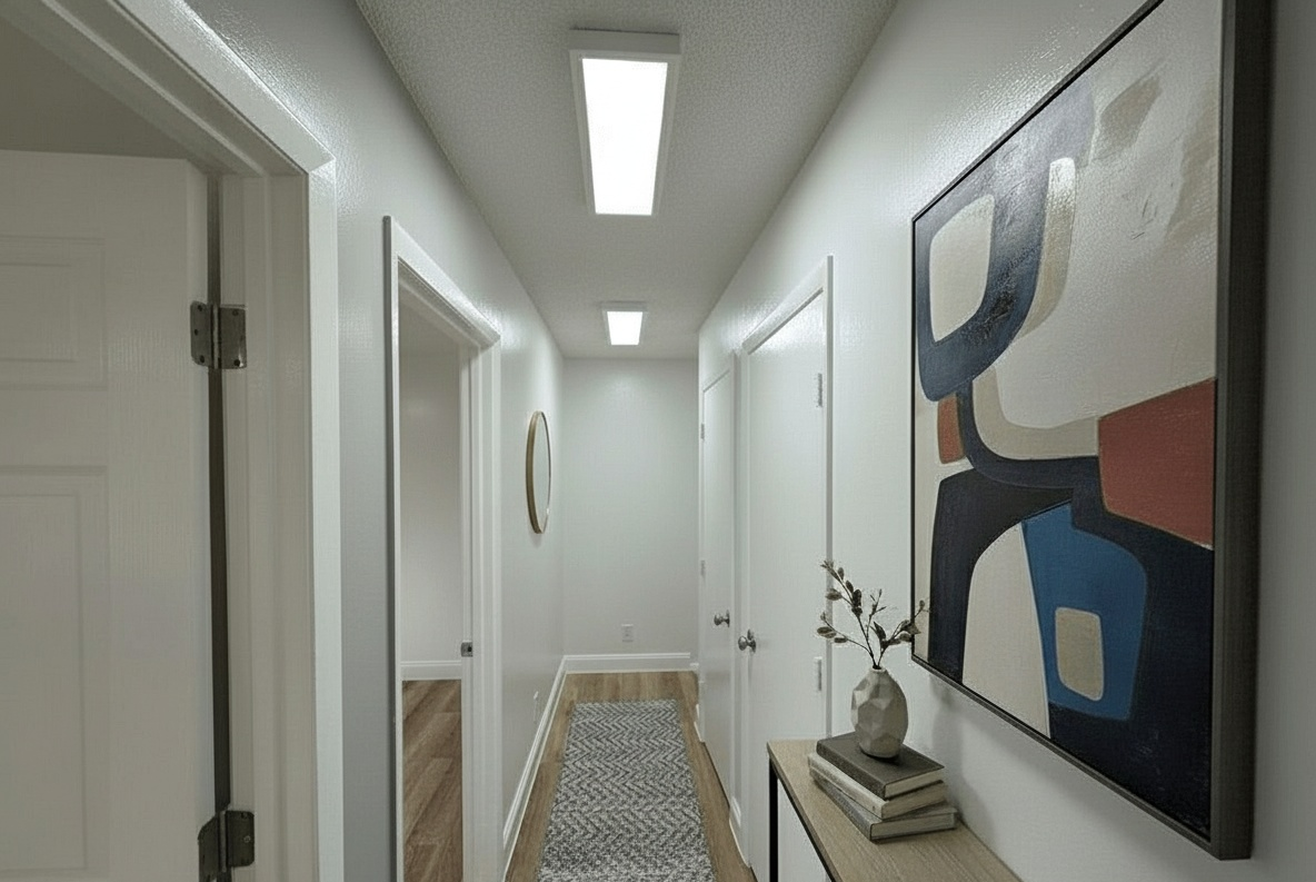 Hallway with white walls, doors, artwork, and a runner rug.