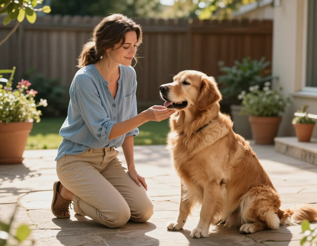 Courtney greeting a calm dog on a backyard patio