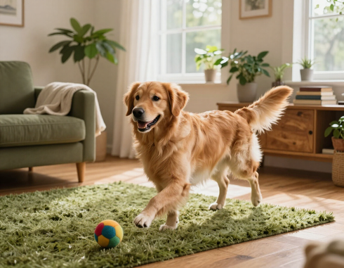 Dog playing happily indoors during the day