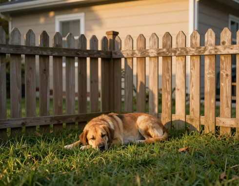 Cozy fenced backyard with a relaxed dog