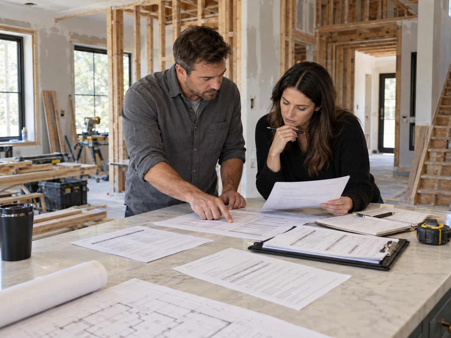 two investors comparing printed loan term sheets at a kitchen island in a mid-renovation home with exposed framing