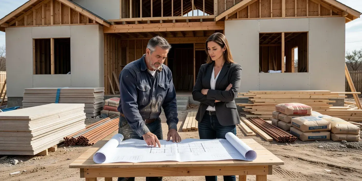 contractor and investor reviewing blueprints beside a partially renovated single-family home with exposed framing and stacked materials