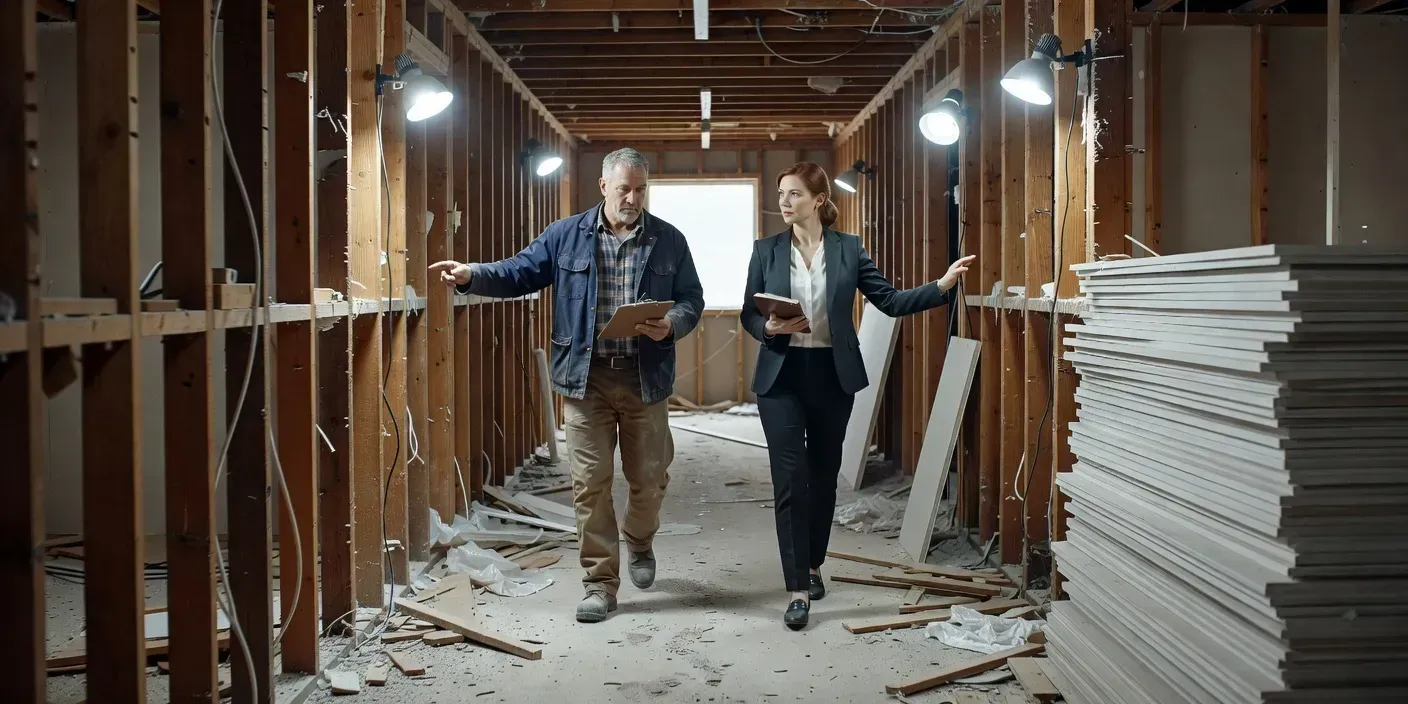 contractor and lender walking a gutted hallway with exposed studs and stacked drywall under temporary work lights
