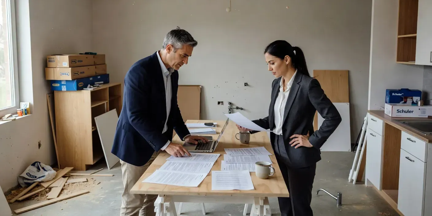 two investors comparing printed term sheets at a kitchen island in a home mid-renovation with new cabinets still in boxes

