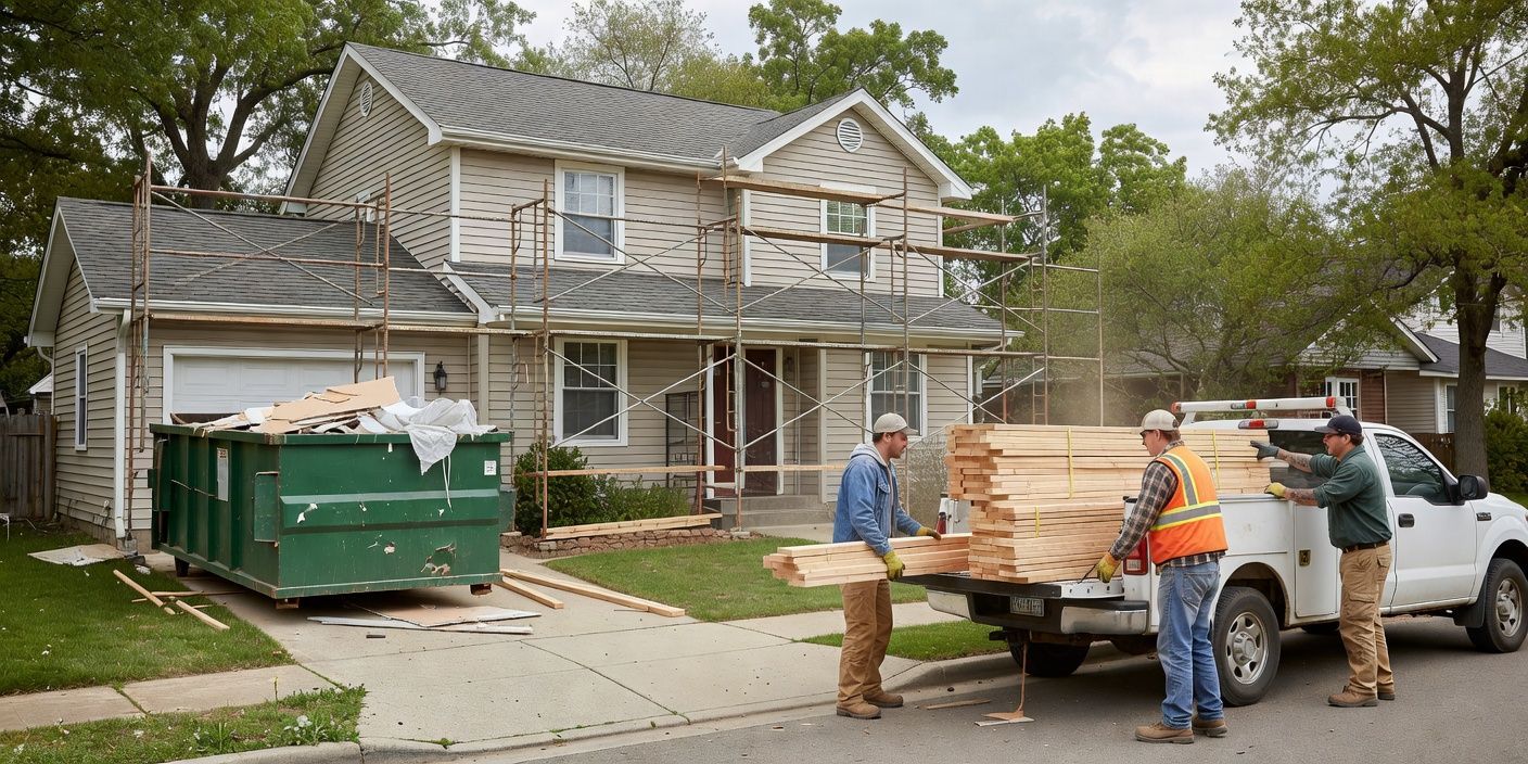 Photographic exterior of a single-family house with scaffolding, dumpster in the driveway, and contractors unloading lumber at the curb