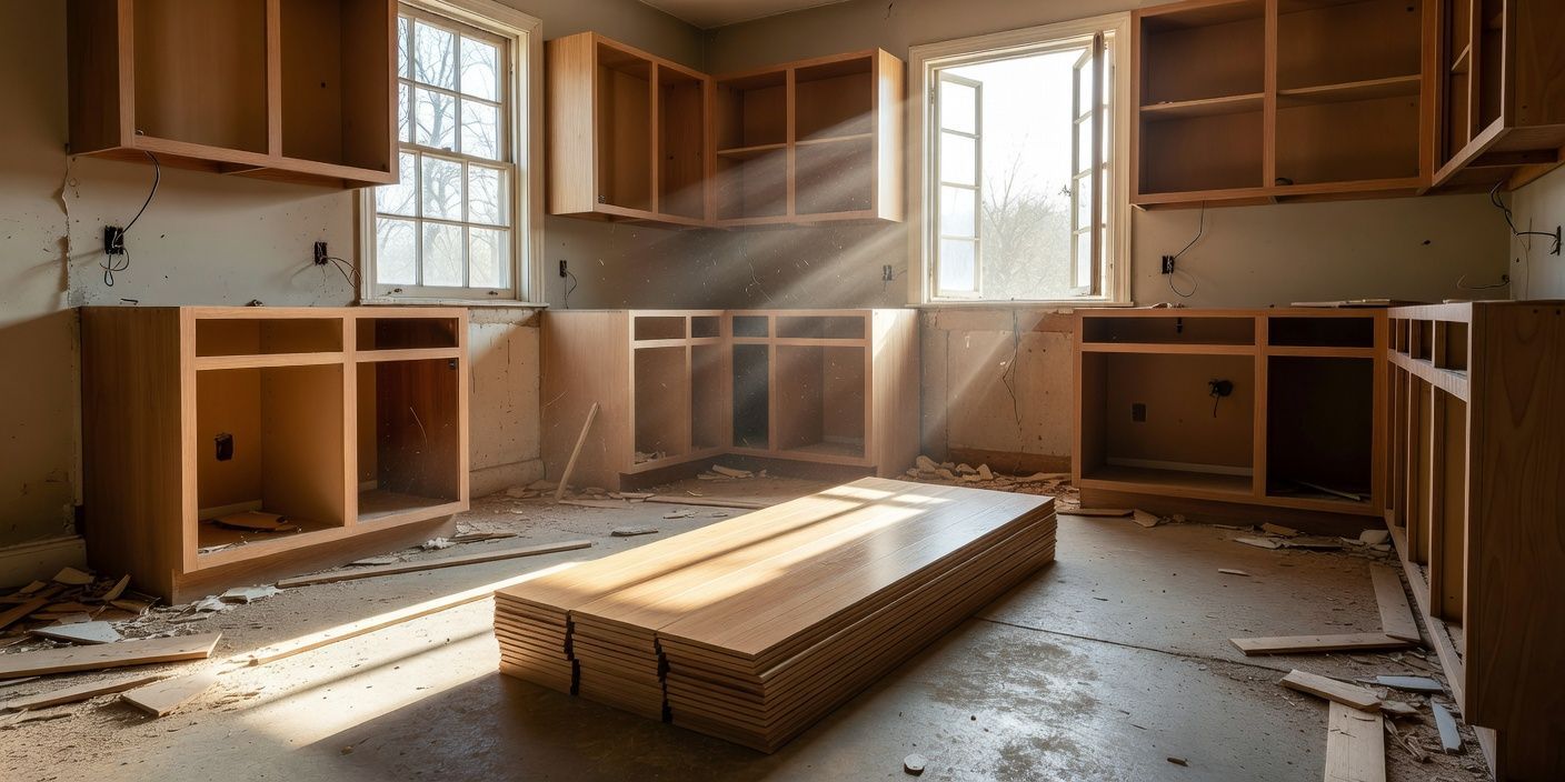 Photographic interior of a kitchen under renovation with exposed cabinets, new flooring stacked, and sunlight through open windows