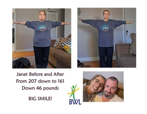 Before-and-after weight loss collage: woman in gray shirt and jeans, “From 207 down to 161, down 46 pounds, BIG SMILE!”